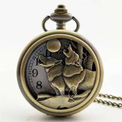 Vintage Bronze Wolf Pocket Watch with Chain Necklace