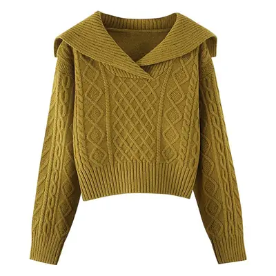 Women Navy Knit Pullover Collar Lazy Winter Top