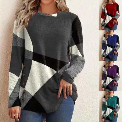 Women French Cashmere Printed Long Sleeve T-Shirt Top Red Black Grey