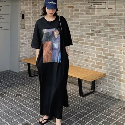 Women Printed Long Dress Black Summer Korean Style