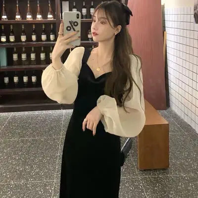 Black Velvet Puff Sleeve Women's Dress Winter