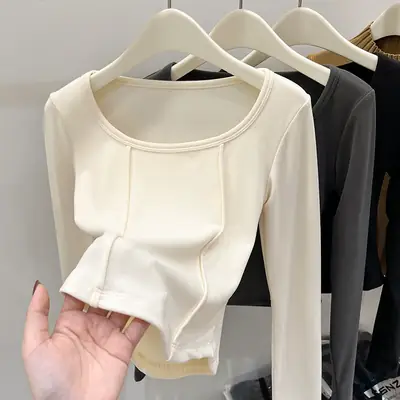 Women's Long Sleeve Thermal Velvet T-Shirt Grey White Black