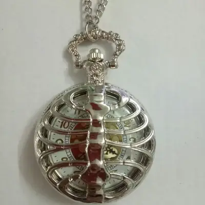 Silver Fishbone Necklace Pocket Watch with Chain