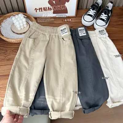 2025 Spring Boys Cotton Pants White Medium Large