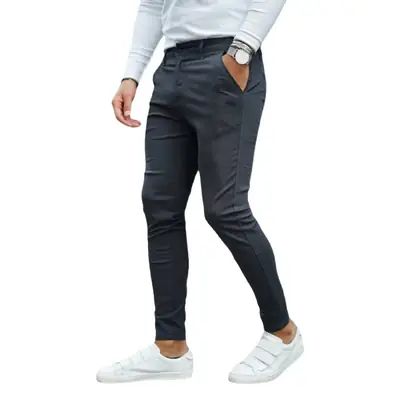 Men's Grey Striped Slim Fit Pencil Pants Mid Waist Casual Wear