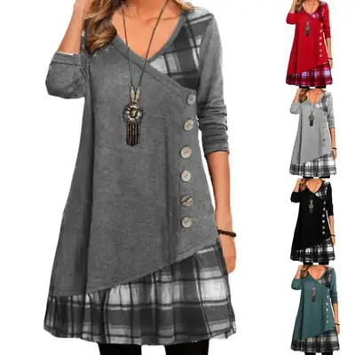 Women Button Long Sleeve Tunic Dress Grey Plaid Skirt