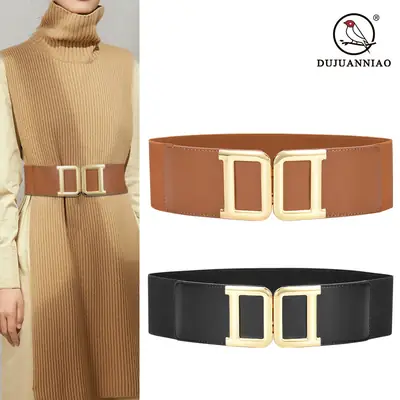 Golden Button Coat Wide Belt Decorative Cowhide Waist Seal Women's Tight Waist Slimming Belted Skirt