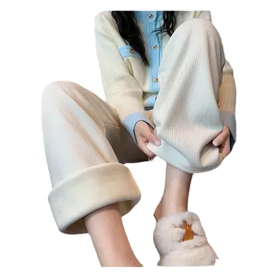 Women's Thickened Fleece Wide Leg Pants Cream Winter