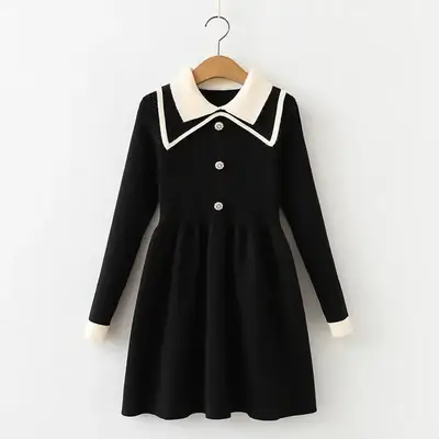 Black Korean Style Lapel Dress for Girls