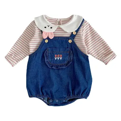 Baby Girl Rabbit Collar Striped Top + Flower Denim Overalls Suit