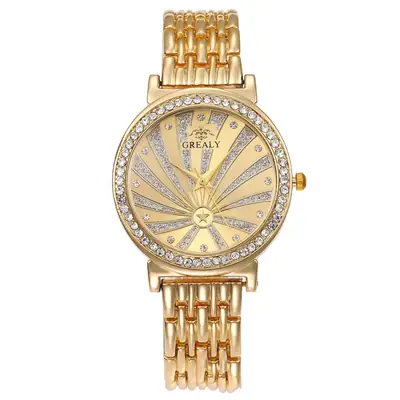 Golden Women's Quartz Bracelet Watch with Diamond Dial
