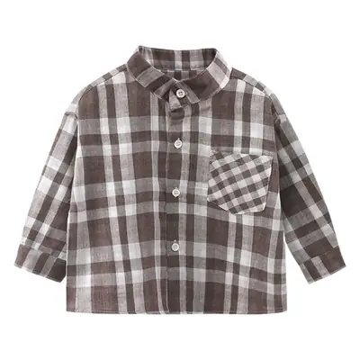 Boys Plaid Long Sleeve Shirt Brown White Medium Small