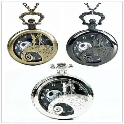 Cross Mirror Pocket Watch Necklace with Ghost Head Design