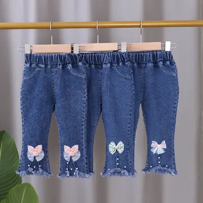 Girls Denim Flared Pants with Bow Embroidery 2024