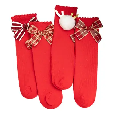 New Year Red Bow Kids Mid Socks Houndstooth Design