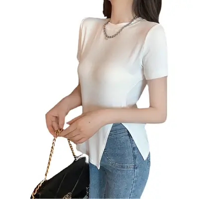 Women Slim Fit White T-Shirt Side Slit 2025 Summer