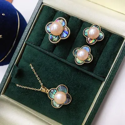 Freshwater Pearl Flower Pendant Earrings Ring Set