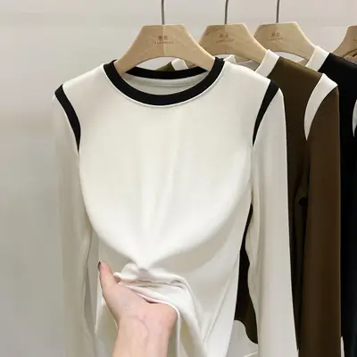 Women Long Sleeve T-Shirt Brown White Winter Top