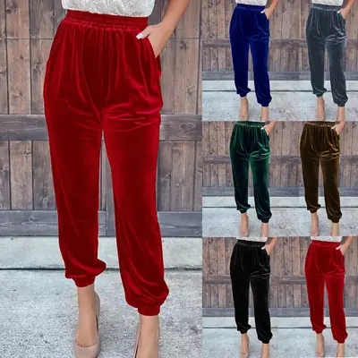 Women Red Velvet Ankle Pants Elastic Waist Casual