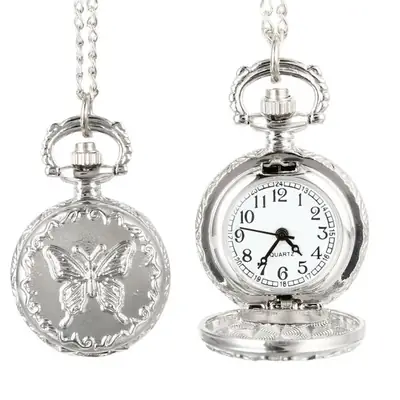 Vintage Silver Pocket Watch Necklace with Butterfly Design