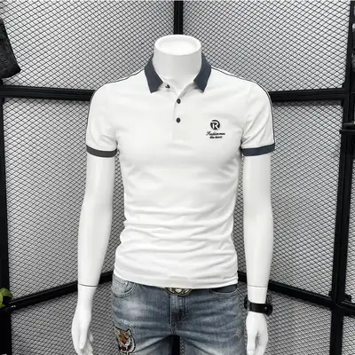 Men's White Polo T-Shirt with Blue Trim