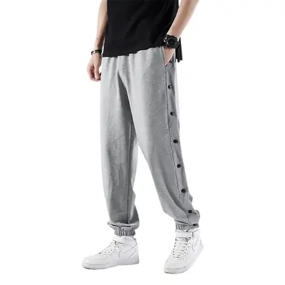 Men Fleece Lined Breasted Sweatpants Grey Full Open Button