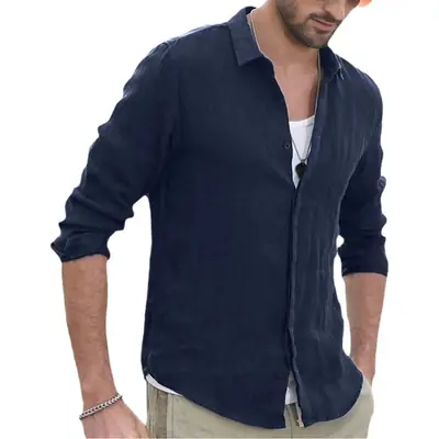 Men's Black Long Sleeve Cardigan Shirt Cotton Linen