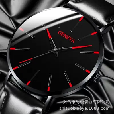 Men's Black Quartz Watch with Leather Strap