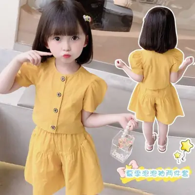 Girls' Yellow Cotton Two-Piece Summer Outfit 77079