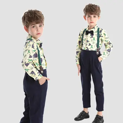 Boys Dinosaur Printed Suit with Bowtie & Overalls