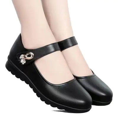 Black Leather Mother's Flat Shoes with Crystal Buckle