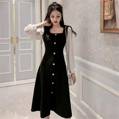 Black Square Collar Long Sleeve Dress for Women