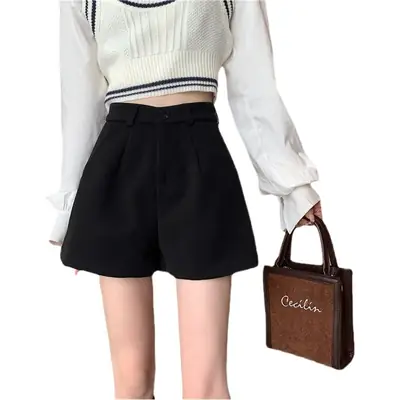Women's Black High Waist Slimming Wool Shorts Large Size