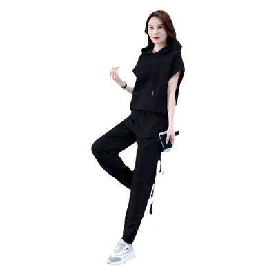 Plus Size Women's Black Hooded Sweatpants Set 2026