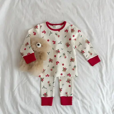 Korean Style Cotton Pajamas for Boys Girls Floral Green