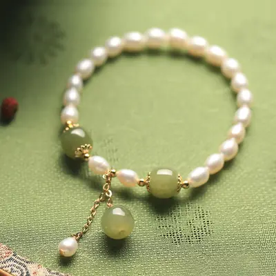 Natural Pearl Jade Bracelet with Gold Tassel for Women