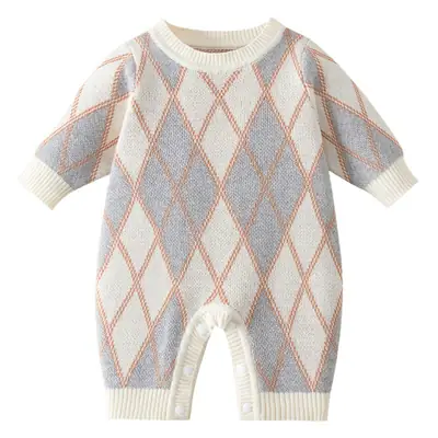 Baby Knitted Diamond Lattice Jump Suit Grey White