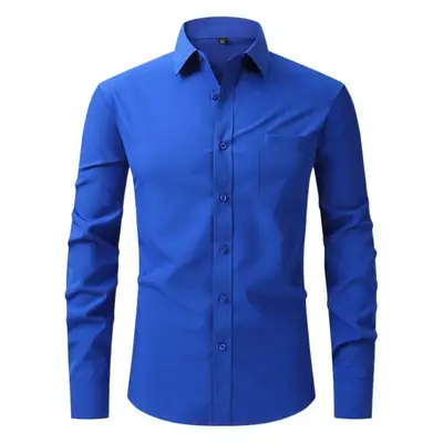 Men Slim Fit Blue Business Shirt with Grey Square Collar