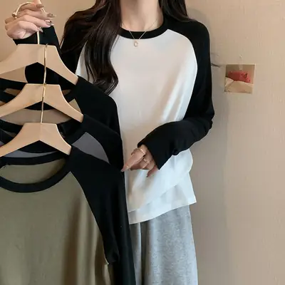 Winter Raglan T-Shirt Women White Black Long Sleeve