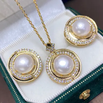 2025 Pearl Necklace Set with Earrings Ring Pendant Gold Plated