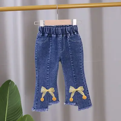 Girls Denim Bow Pants Spring Autumn Slim Fit