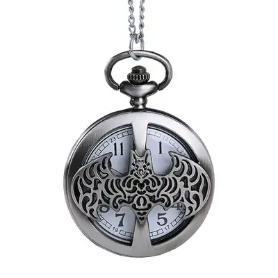 Nostalgic Classical Silver Gray Batman Hollow Pocket Watch Flip Chain
