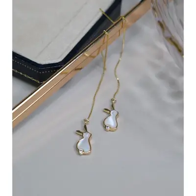 Cute Rabbit Earrings Gold Plated White Shell Long Earrings