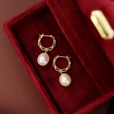 Natural Pearl Earrings Gold Plated Hollow Earrings
