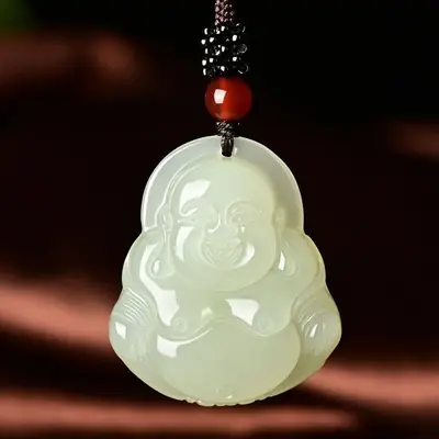 White Jade Laughing Buddha Necklace for Men Women
