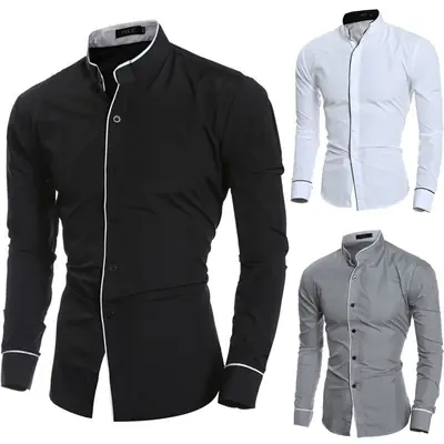 Men Slim Fit Casual Shirt Black White Grey Long Sleeve
