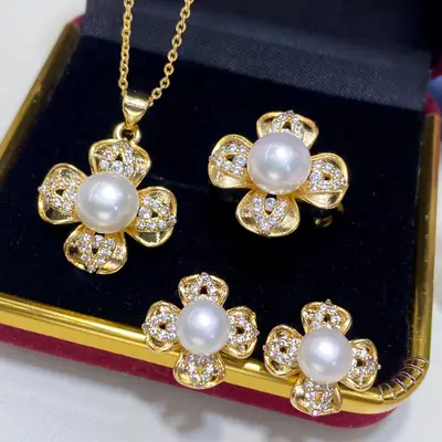 2025 Pearl Flower Earrings Set Gold Plated