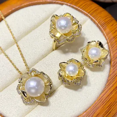 2025 Pearl Set Pendant Ring Earrings Gold Plated Natural Pearl