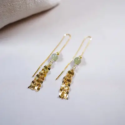 Hetian Jade Tassel Earrings 14k Gold Round Beads