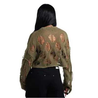 Sexy Hollow Knitted Sweater for Women in Olive Green